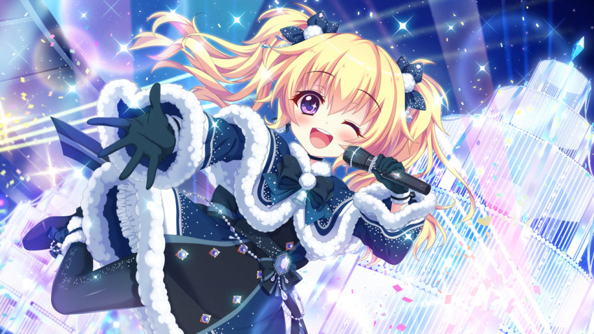1girl ;d alternate_hairstyle black_bow black_gloves black_pantyhose blonde_hair blue_capelet blue_dress blue_footwear bow capelet concert dot_nose dress dutch_angle film_grain fur-trimmed_capelet fur-trimmed_dress fur-trimmed_gloves fur_trim game_cg gloves hasegawa_mii high_heels holding holding_microphone idol idol_clothes izumi_tsubasu lens_flare looking_at_viewer medium_hair microphone non-web_source object_request official_art one_eye_closed open_mouth outstretched_arm pantyhose purple_eyes re:stage! reaching reaching_towards_viewer smile solo sparkle sparkling_eyes stage_lights teeth twintails upper_teeth_only