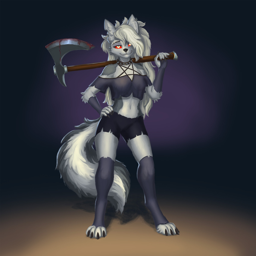 absurd_res anthro axe blood bodily_fluids canid canid_demon clothing collar demon ear_piercing female footwear hellhound helluva_boss hi_res high_heels kirillk loona_(helluva_boss) mammal piercing red_sclera scar simple_background solo spiked_collar spikes standing weapon weapon_on_shoulder