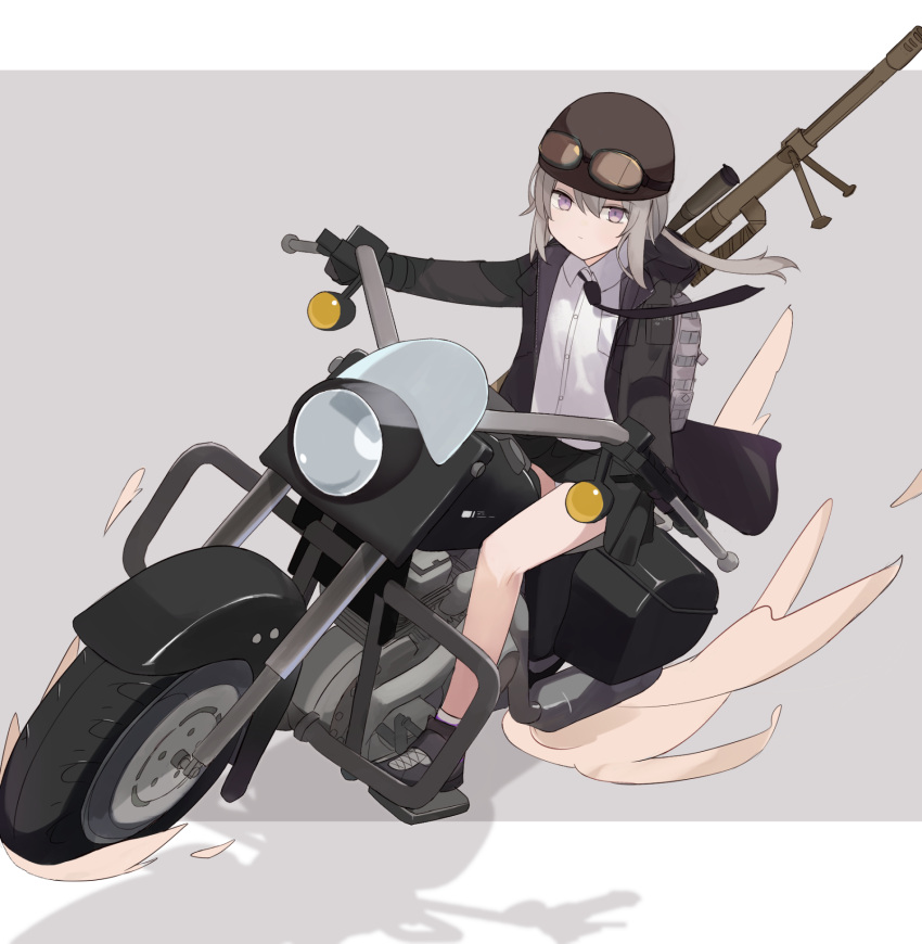 1girl backpack bag black_necktie black_skirt bolt_action cheytac_m200 collared_shirt commentary_request full_body girls'_frontline goggles goggles_on_headwear grey_background grey_hair gun gun_on_back hair_between_eyes helmet highres kino_no_tabi looking_at_viewer m200_(girls'_frontline) motor_vehicle motorcycle motorcycle_helmet necktie panties ponytail purple_eyes riding rifle ririo_(mitsumatario) shirt shoes simple_background skirt sniper_rifle solo underwear weapon weapon_on_back white_panties white_shirt