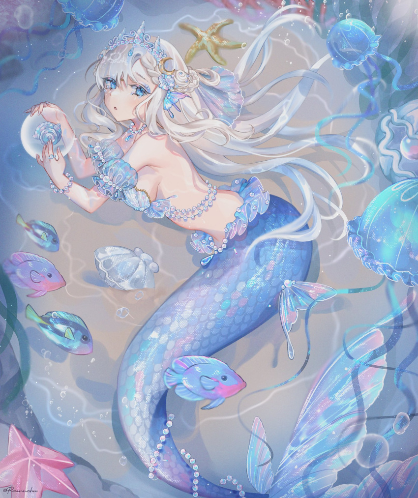 1girl artist_name blue_eyes bracelet breasts commentary english_commentary fins fish fish_request grey_hair head_fins highres jellyfish jewelry long_hair looking_at_viewer mermaid monster_girl necklace original pearl_bracelet pearl_necklace rainnchu scales shell shell_bikini sideboob starfish twitter_username underwater watermark