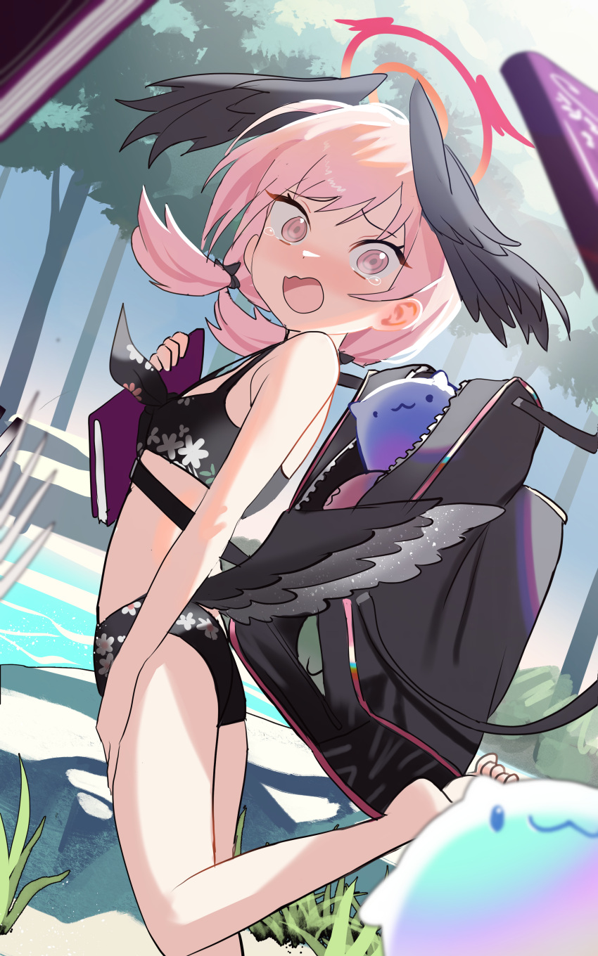 1girl absurdres bag barefoot bikini black_bikini black_bow black_wings blue_archive blush bow breasts commentary_request feathered_wings floral_print foot_up front-tie_bikini_top front-tie_top hair_bow halo head_wings highres jiki_(gkdlfnzo1245) koharu_(blue_archive) koharu_(swimsuit)_(blue_archive) korean_commentary long_hair low_twintails low_wings official_alternate_costume open_mouth outdoors pink_eyes pink_hair pink_halo print_bikini shoulder_bag small_breasts solo swimsuit tears toes twintails wings