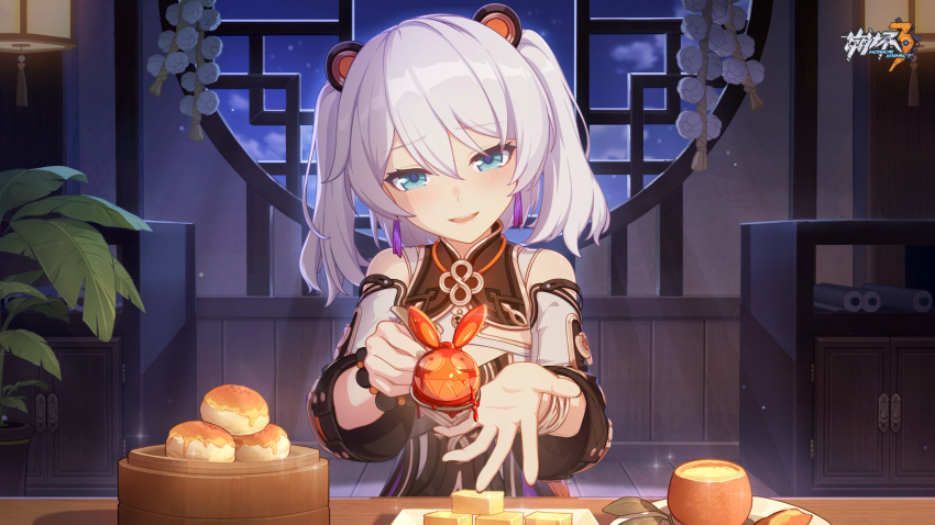 1girl architecture blue_eyes blush breasts chinese_clothes earrings east_asian_architecture food highres homu_(honkai_impact) honkai_(series) honkai_impact_3rd indoors jewelry logo night official_art official_wallpaper open_hand open_mouth serving sitting small_breasts smile solo table theresa_apocalypse theresa_apocalypse_(starlit_astrologos) twintails vase white_hair zhuge_kongming_(honkai_impact)