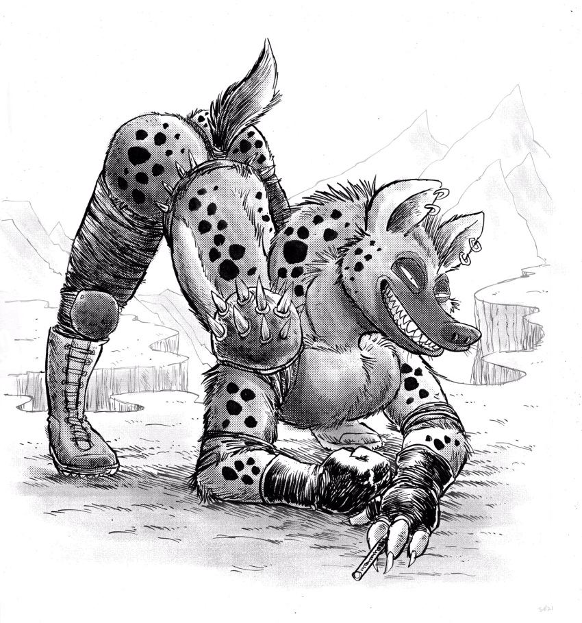 anthro ass_up boots butt clothing ear_piercing ear_ring fingerless_gloves footwear gloves grin handwear hi_res hyena jwbalsley male mammal mooning pecs piercing ring_piercing sharp_teeth shoulder_pads smile solo spiked_shoulder_pads spikes spotted-fur teeth