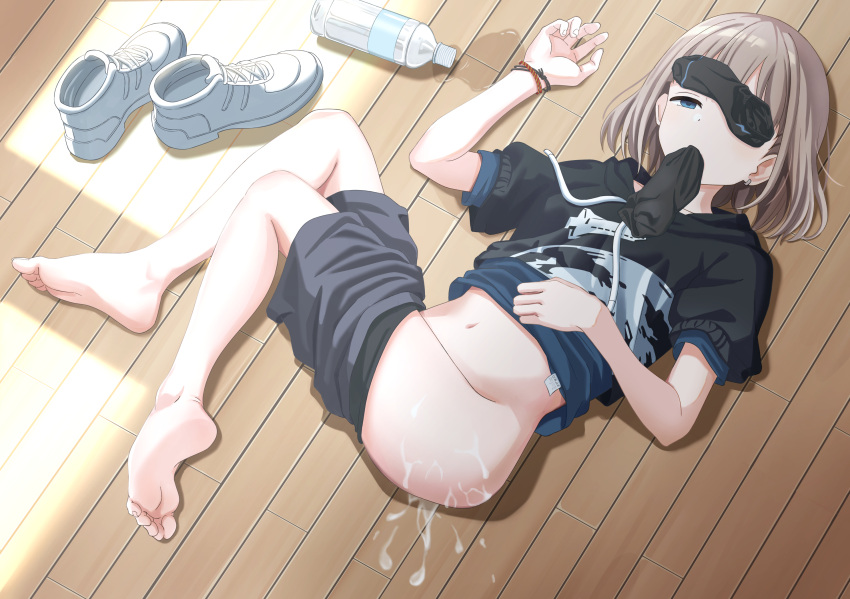 1girl after_rape after_sex barefoot black_socks blue_eyes bob_cut bottle clothes_pull cum cum_on_ass earrings empty_eyes feet half-closed_eyes highres hood hoodie idolmaster idolmaster_shiny_colors jewelry light_brown_hair lying midriff namego3go navel no_shoes nude on_back on_floor open_mouth rape saliva serizawa_asahi shirt shoes shoes_removed short_hair shorts shorts_pull single_earring sleep_molestation sneakers sock_gagged sock_in_mouth socks socks_removed soles solo_focus toes water_bottle wooden_floor