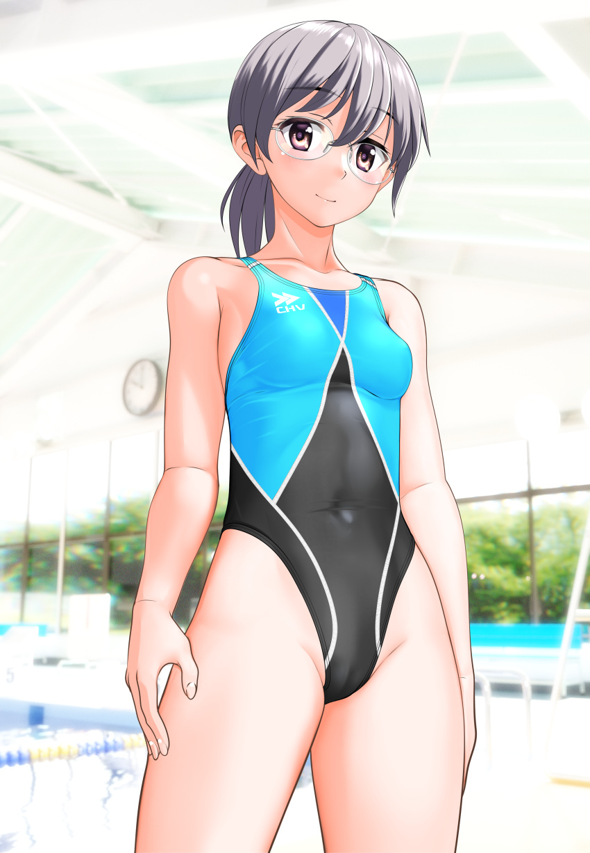 1girl absurdres breasts brown_eyes cameltoe commentary_request competition_swimsuit covered_navel cowboy_shot fence glasses grey_hair highleg highleg_swimsuit highres logo low_ponytail multicolored_clothes multicolored_swimsuit one-piece_swimsuit original small_breasts solo standing swimsuit takafumi variant_set