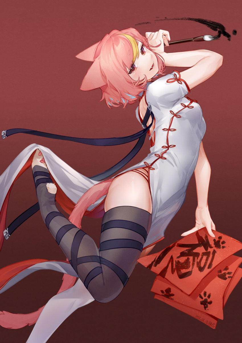 1girl :d animal_ears animal_feet asymmetrical_legwear backless_dress backless_outfit black_thighhighs blonde_hair blue_hair breasts brown_background calligraphy_brush cat_ears cat_girl cat_tail china_dress chinese_clothes dress fangs gradient_background highres light_blue_hair lingxia looking_at_viewer mismatched_legwear multicolored_hair original paintbrush pink_eyes pink_hair short_sleeves side_slit small_breasts smile tail thighhighs white_dress white_thighhighs