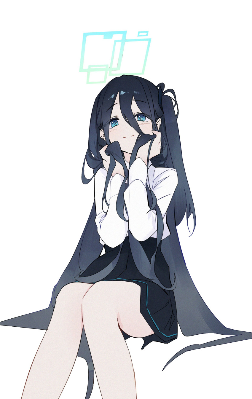 1girl absurdres aqua_eyes aris_(blue_archive) bare_legs black_hair black_skirt blue_archive blush dokshuri feet_out_of_frame halo highres holding holding_hair invisible_chair knees_together_feet_apart long_sleeves looking_at_viewer one_side_up shirt simple_background sitting skirt smile solo white_background white_shirt