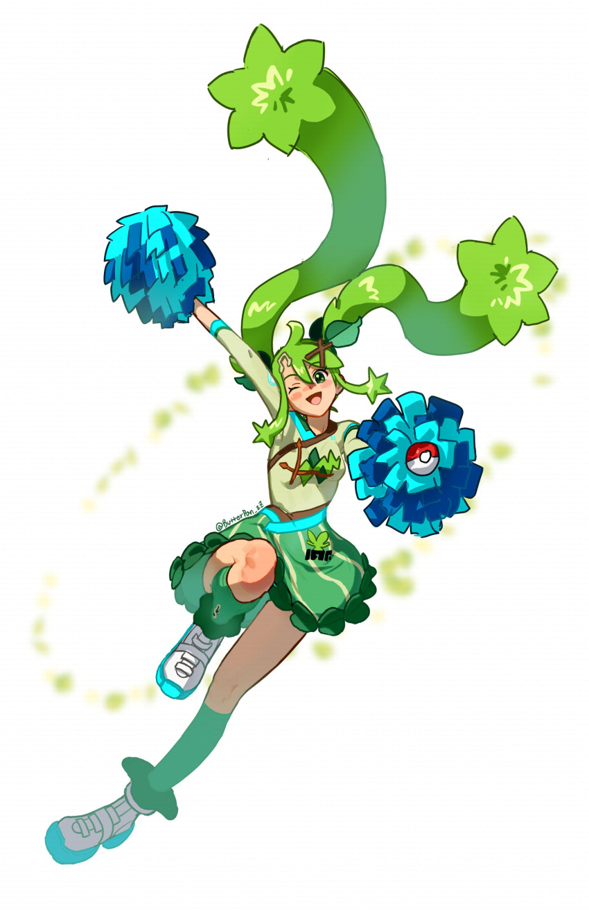 1girl absurdres arm_up butterpan_zz grass_miku_(project_voltage) green_eyes green_hair green_skirt green_socks hair_ornament hatsune_miku highres holding holding_pom_poms kneehighs long_hair musical_note one_eye_closed poke_ball pokemon pom_pom_(cheerleading) project_voltage simple_background skirt socks twintails very_long_hair vocaloid white_background x_hair_ornament