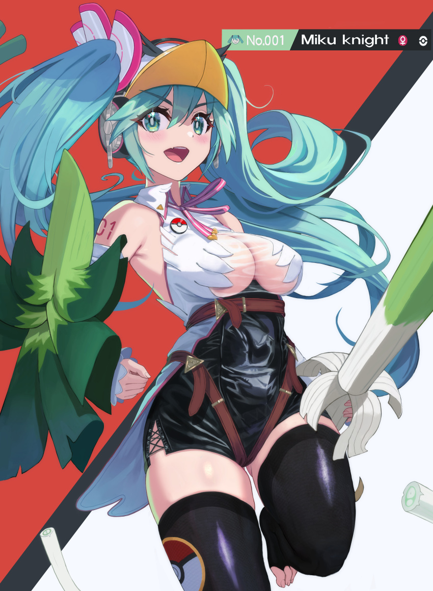 1girl absurdres aqua_eyes aqua_hair arm_tattoo bare_shoulders baseball_cap belt black_shorts black_thighhighs breasts cleavage collared_shirt commentary cosplay cross-laced_slit english_commentary fang hat hatsune_miku high-waist_shorts highres leather_shorts long_hair medium_breasts number_tattoo open_mouth pokemon see-through see-through_cleavage shield shirt shorts side_slit side_slit_shorts sirfetch'd sirfetch'd_(cosplay) skin_fang skin_tight sleeveless sleeveless_shirt solo spring_onion tattoo thighhighs toeless_legwear twintails underboob underbust usd_(wwkr2537) v-shaped_eyebrows very_long_hair vocaloid waist_cape white_shirt
