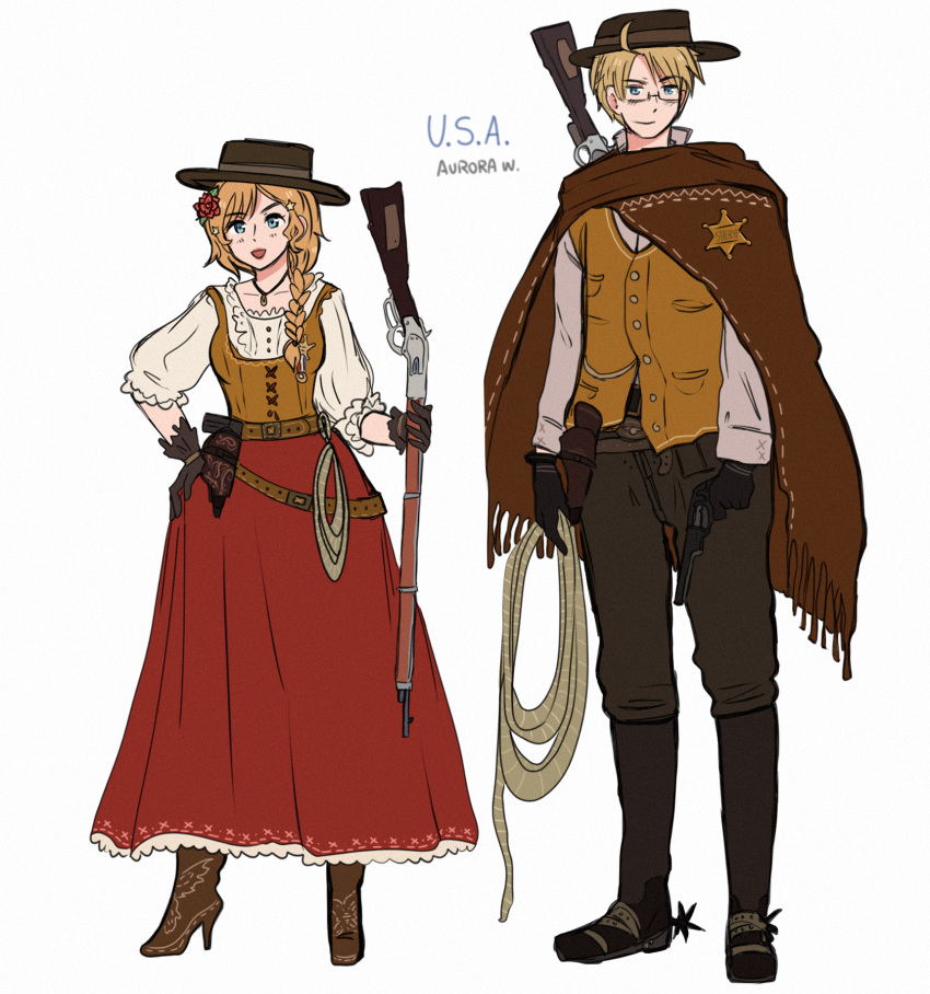 1boy 1girl alternate_costume alternate_hairstyle america_(hetalia) artist_name aurora_williams axis_powers_hetalia badge belt black_gloves blonde_hair blue_eyes boots braid brown_belt brown_gloves brown_headwear brown_shawl buttons character_name collarbone flower full_body genderswap genderswap_(mtf) glasses gloves gun hair_flower hair_ornament hand_on_own_hip handgun height_difference high_heel_boots high_heels highres holding holding_gun holding_rope holding_weapon jewelry long_sleeves looking_at_viewer medium_hair necklace pants police_badge puffy_sleeves red_skirt revolver rope shawl shirt signature simple_background skirt smile star_(symbol) star_hair_ornament united_states vest wavy_hair weapon white_background white_shirt