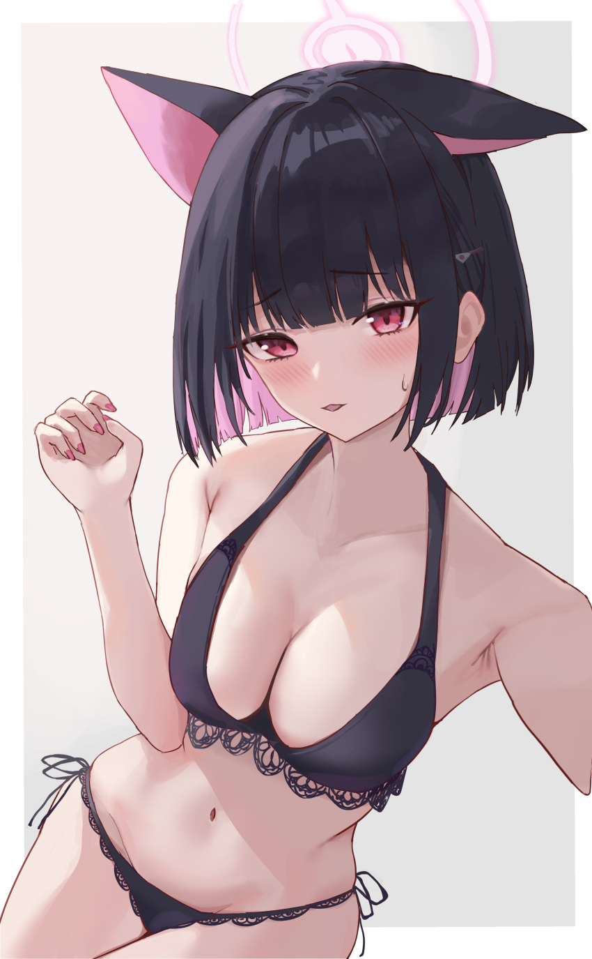 1girl absurdres animal_ears bikini black_bikini black_hair blue_archive blush breasts cat_ears cleavage collarbone colored_inner_hair extra_ears fingernails groin halo highres kazusa_(blue_archive) lace-trimmed_bikini lace_trim looking_at_viewer medium_breasts multicolored_hair nail_polish navel nekoplanetouo pink_eyes pink_hair side-tie_bikini_bottom simple_background solo sweatdrop swimsuit two-tone_background two-tone_hair