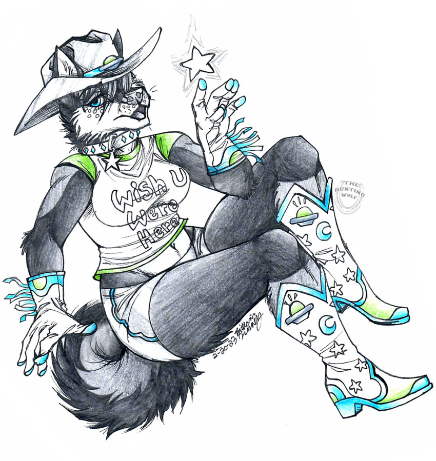 alien anthro boots canid canine canis clothing cowboy domestic_dog female footwear hesk hi_res husky hybrid kiri lariat lasso mammal moon necktie nordic_sled_dog rope sketch solo space spitz star thehuntingwolf topazwolf western wolf wolfdog