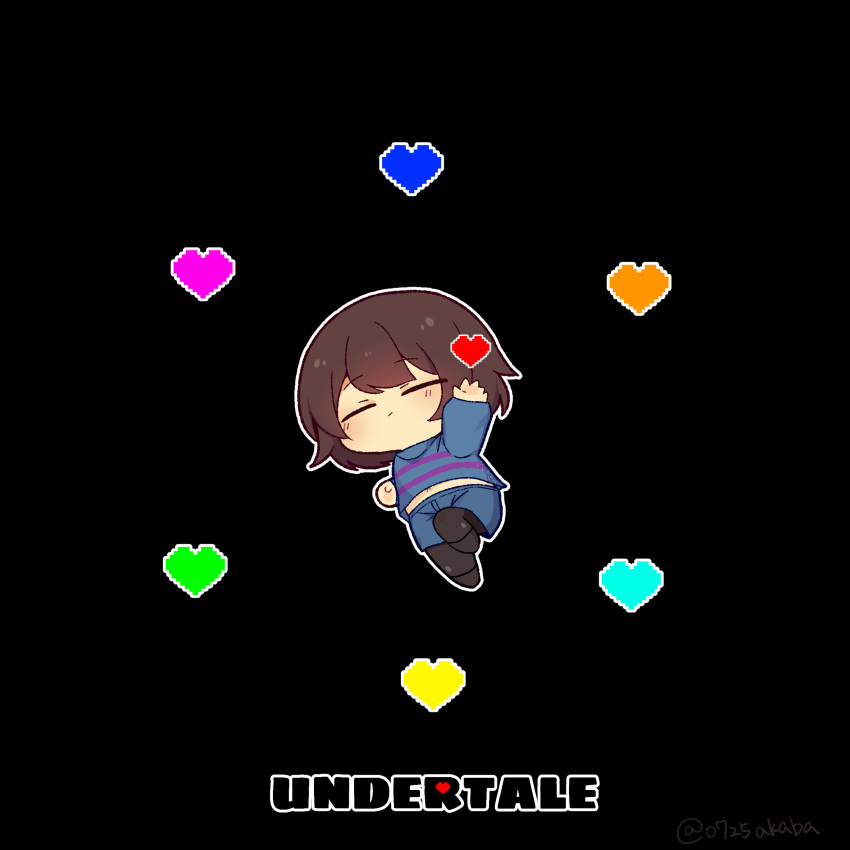 0725akaba 1other absurdres black_background black_footwear black_pantyhose blue_shirt blue_shorts blush brown_hair chara_(undertale) closed_eyes closed_mouth copyright_name facing_viewer heart highres long_sleeves navel other_focus pantyhose pantyhose_under_shorts pixelated puffy_long_sleeves puffy_sleeves shirt shoes shorts simple_background solo twitter_username undertale