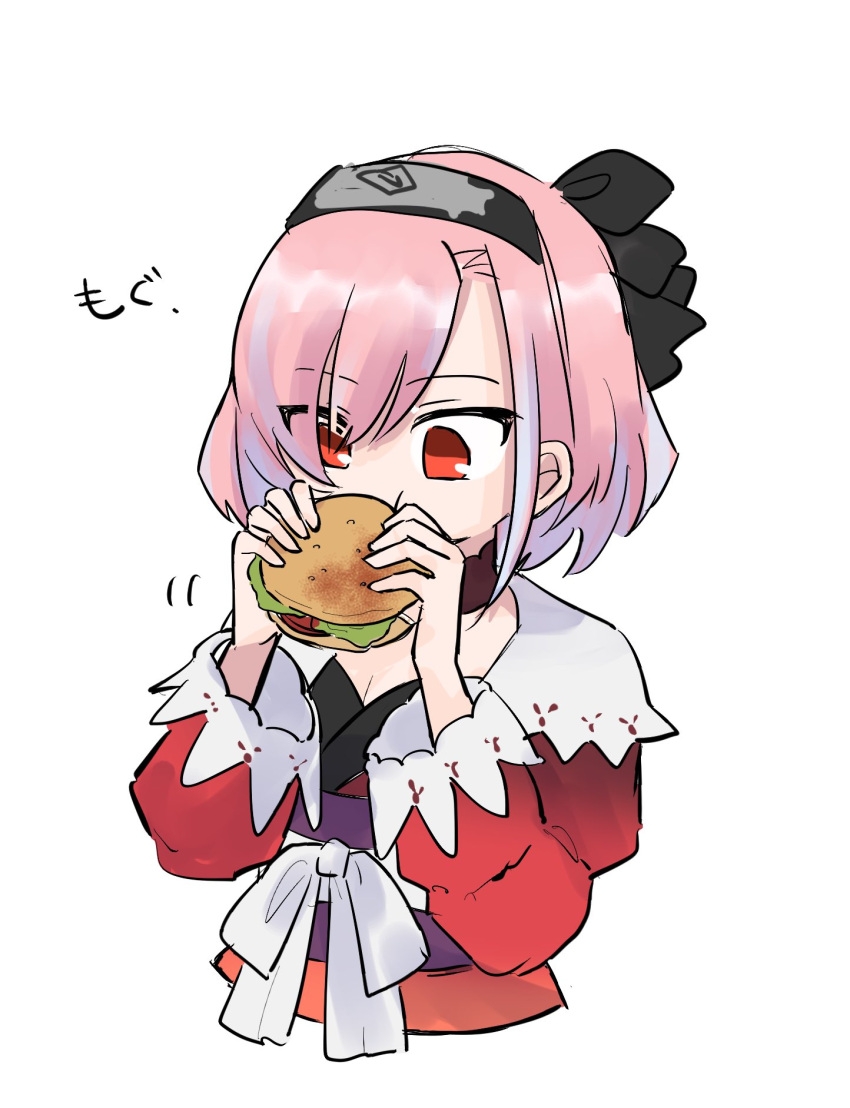 1girl black_bow black_headband bow breasts brown_choker burger chizuru_(madoka_magica) choker cleavage cropped_torso down_jacket eating food hair_bow hands_up headband highres jacket japanese_clothes kimono long_sleeves magia_record:_mahou_shoujo_madoka_magica_gaiden magical_girl mahou_shoujo_madoka_magica multicolored_hair pink_hair red_eyes red_jacket sash short_hair simple_background solo streaked_hair swept_bangs ultimate_magnum upper_body waist_sash white_background white_sash