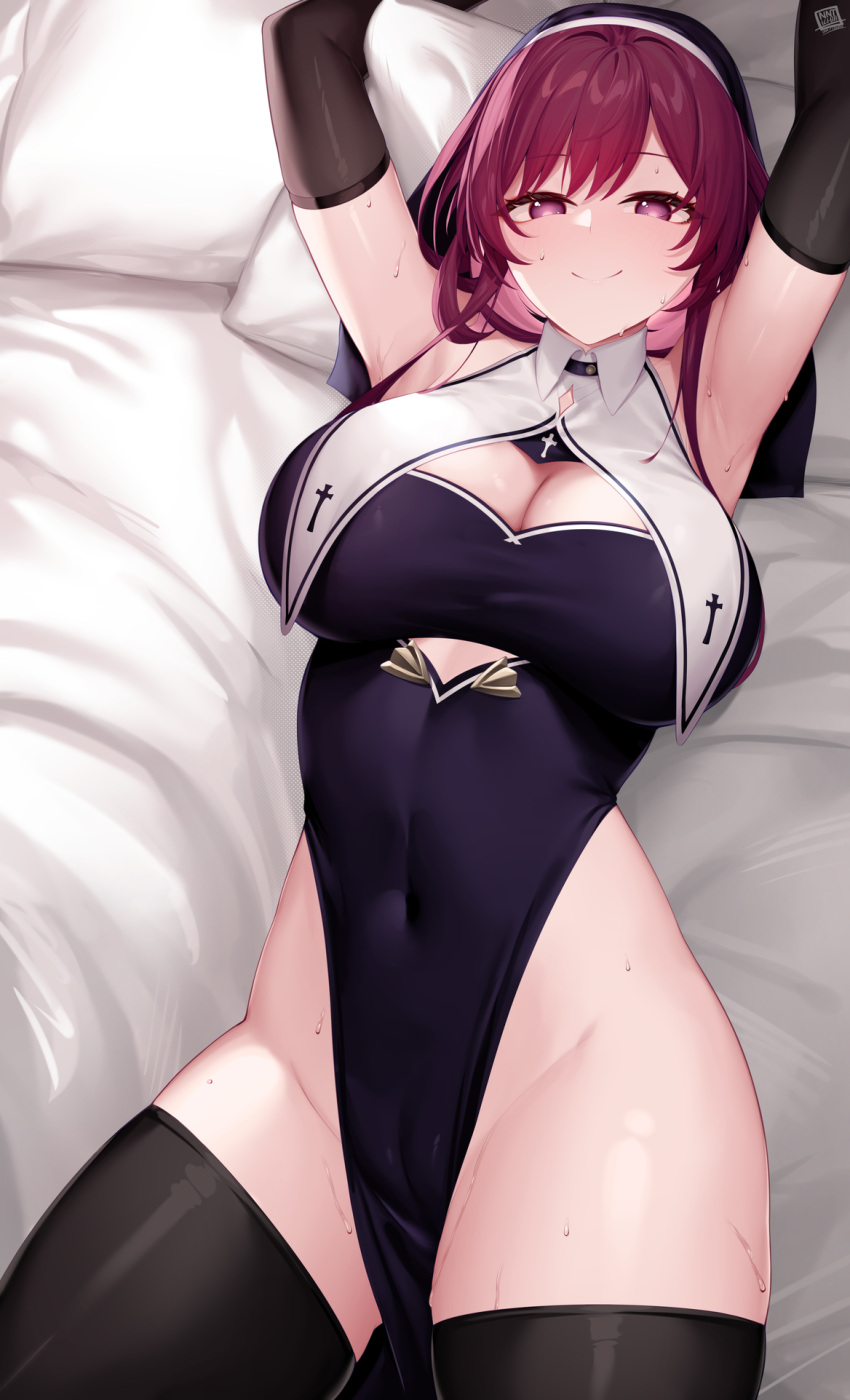 1girl alternate_costume armpits arms_up bed_sheet black_gloves black_thighhighs breasts cameltoe cleavage closed_mouth covered_navel elbow_gloves gloves groin habit highleg highleg_dress highres honkai:_star_rail honkai_(series) izulizuru kafka_(honkai:_star_rail) large_breasts looking_at_viewer lying nun on_back pelvic_curtain pillow purple_eyes purple_hair side_slit smile solo sweat thighhighs thighs wing_collar