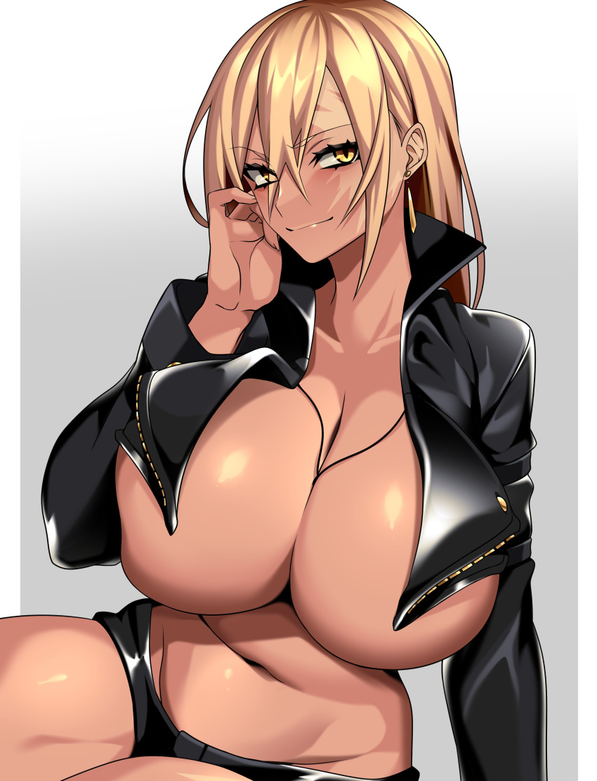 1girl absurdres black_jacket black_shorts blonde_hair border breasts cleavage closed_mouth cropped_jacket dark-skinned_female dark_skin grey_background hair_between_eyes highres hip_bones huge_breasts hz_(666v) jacket jewelry leather leather_jacket long_hair lower_teeth_only navel original pendant scar scar_across_eye scar_on_face scar_on_leg short_shorts shorts sitting smile solo stomach teeth thighs toned underboob vecky_(camui_kamui) white_border yellow_eyes