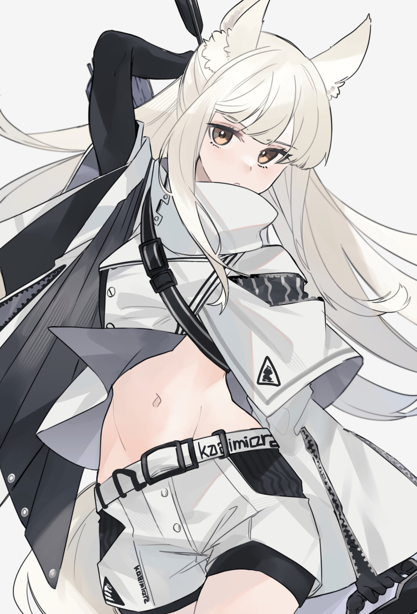 1girl absurdres animal_ear_fluff animal_ears arknights arm_up arrow_(projectile) black_gloves black_shirt blonde_hair coat commentary dot_nose frown gloves highres holding holding_arrow horse_ears horse_girl kingdom_of_kazimierz_logo long_hair looking_at_viewer navel platinum_(arknights) shirt short_hair shorts simple_background solo stomach very_long_hair white_background white_coat white_shorts white_theme yakota_(usuk-yako) yellow_eyes