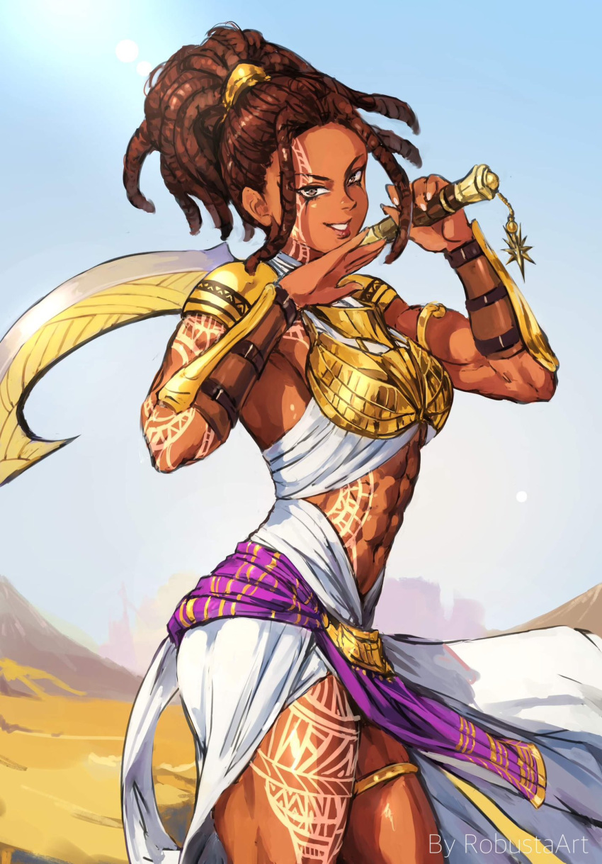 1girl abs armlet armor brown_hair criss-cross_halter dark_skin desert dreadlocks egyptian_clothes facial_tattoo greaves grey_eyes halterneck highres khopesh muscular muscular_female original pauldrons robusta_mania shoulder_armor signature skirt smile solo tattoo thick_thighs thighs toned