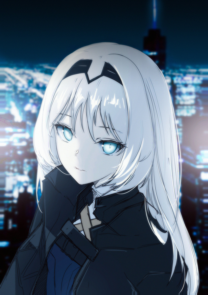 1girl absurdres an-94_(girls'_frontline) black_hairband black_jacket blue_eyes blue_shirt blurry blurry_background cityscape closed_mouth commentary depth_of_field girls'_frontline hair_between_eyes hairband highres jacket long_hair looking_at_viewer pale_skin shirt solo tfnfe_sach upper_body white_hair