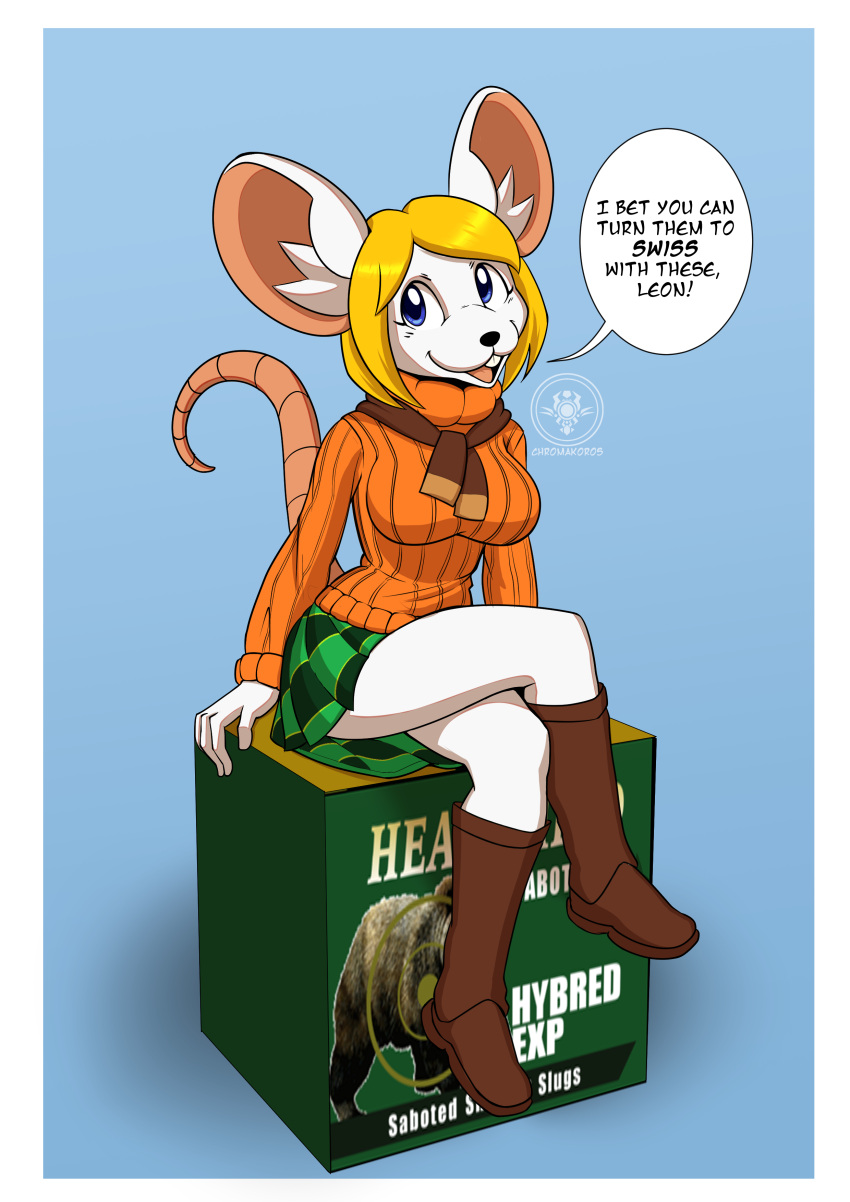 absurd_res ammo_box anthro ashley_graham_(resident_evil) big_breasts blonde_hair blue_eyes boots bottomwear breasts chromakoros clothing crossed_legs dialogue english_text female footwear fur hair hi_res mammal mouse moushley murid murine plaid pleated_skirt ribbed_clothing ribbed_sweater rodent scarf sitting skirt smile solo speech_bubble sweater text topwear white_body white_fur
