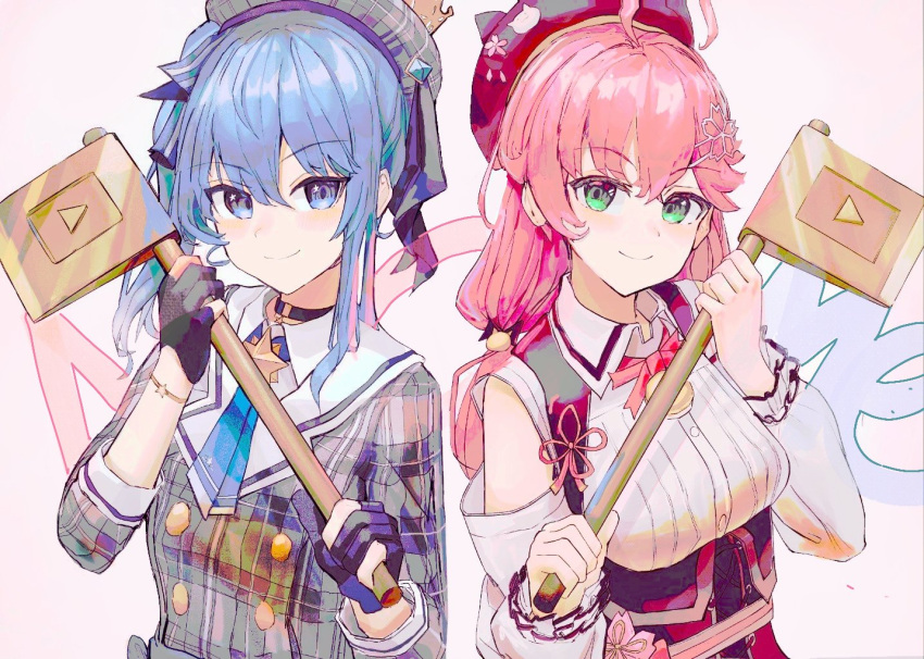 2girls ahoge axe bell beret black_gloves blue_eyes blue_hair blue_neckerchief blush bow bowtie breasts buttons clothing_cutout corset crown double-breasted eyelashes frilled_sleeves frills gloves green_eyes grey_headwear grey_jacket hair_between_eyes hair_ornament hands_up hat holding holding_axe hololive hoshimachi_suisei hoshimachi_suisei_(1st_costume) jacket karyln long_hair long_sleeves looking_at_viewer medium_breasts mini_crown multiple_girls neck_bell neckerchief one_side_up partially_fingerless_gloves pink_background pink_bow pink_bowtie pink_hair plaid_headwear puffy_long_sleeves puffy_sleeves red_headwear sakura_miko sakura_miko_(3rd_costume) shoulder_cutout side_ponytail small_breasts smile star_(symbol) star_bracelet star_in_eye symbol_in_eye tilted_headwear twintails underbust upper_body virtual_youtuber