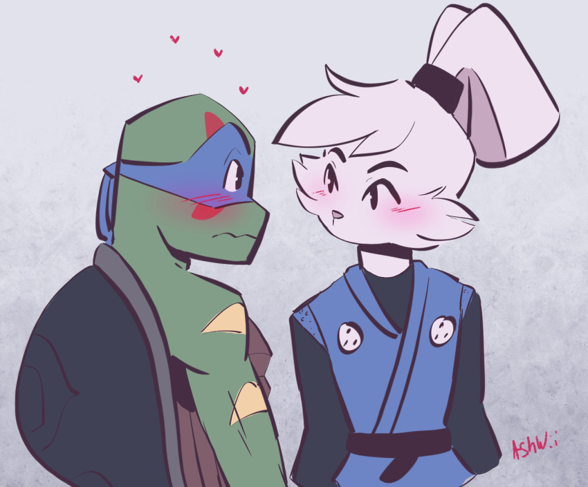 &lt;3 ashwii bandanna blush clothing duo eye_contact hi_res kerchief lagomorph leonardo_(tmnt) leporid looking_at_another male male/male mammal rabbit reptile rise_of_the_teenage_mutant_ninja_turtles samurai samurai_rabbit:_the_usagi_chronicles scalie simple_background teenage_mutant_ninja_turtles turtle usagi_yojimbo warrior yuichi_usagi