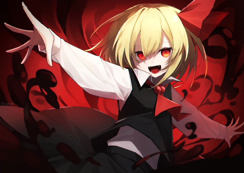 1girl :d absurdres ascot black_skirt black_vest blonde_hair collared_shirt commentary darkness fangs hair_ribbon highres izuse_reki long_sleeves looking_at_viewer medium_hair open_mouth outstretched_arms red_ascot red_eyes red_ribbon ribbon rumia shirt skirt skirt_set smile solo spread_arms touhou upper_body vest white_shirt