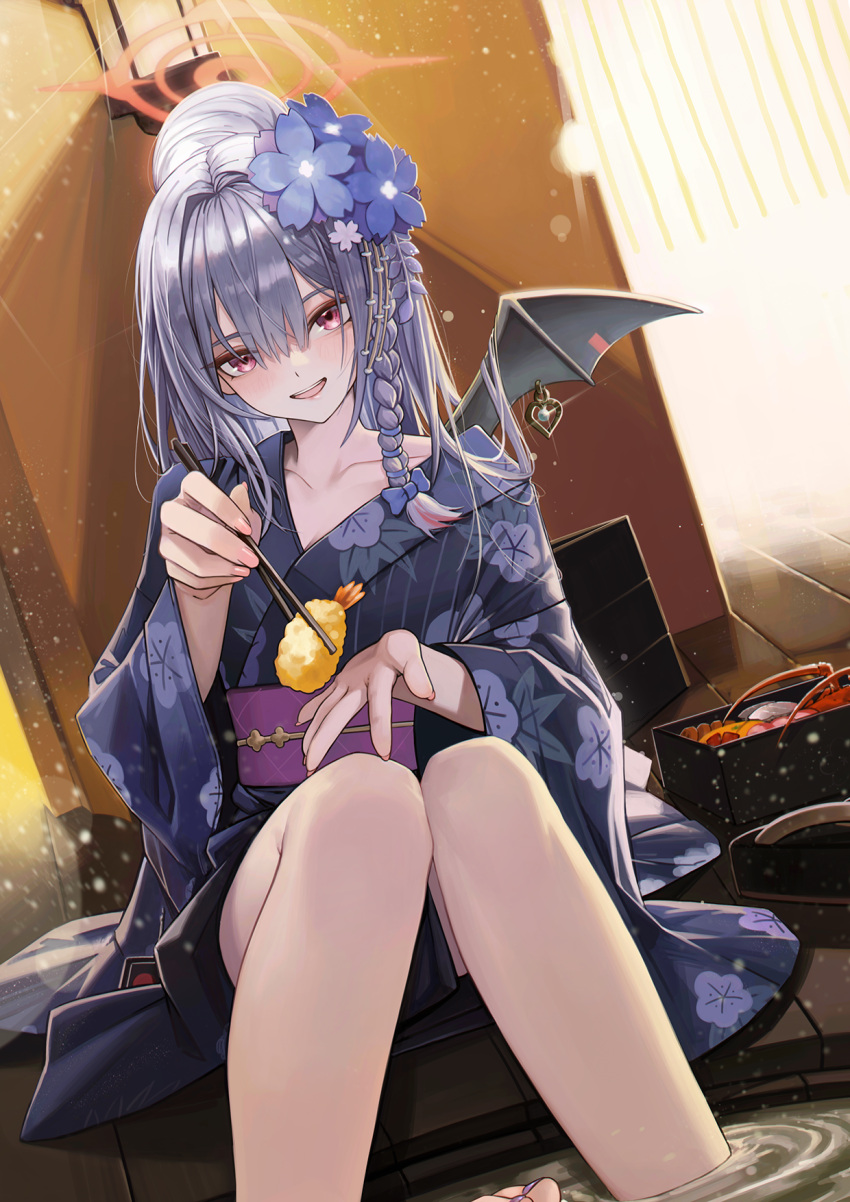 1girl anizi black_kimono black_wings blue_archive blue_flower blush braid chopsticks collarbone commentary demon_wings fake_wings flower food grey_hair hair_flower hair_ornament halo haruna_(blue_archive) haruna_(new_year)_(blue_archive) highres holding holding_chopsticks japanese_clothes kimono long_hair long_sleeves looking_at_viewer obi official_alternate_costume onsen open_mouth osechi red_eyes red_halo sash shrimp shrimp_tempura side_braid single_wing sitting smile solo tempura toes water wide_sleeves wings