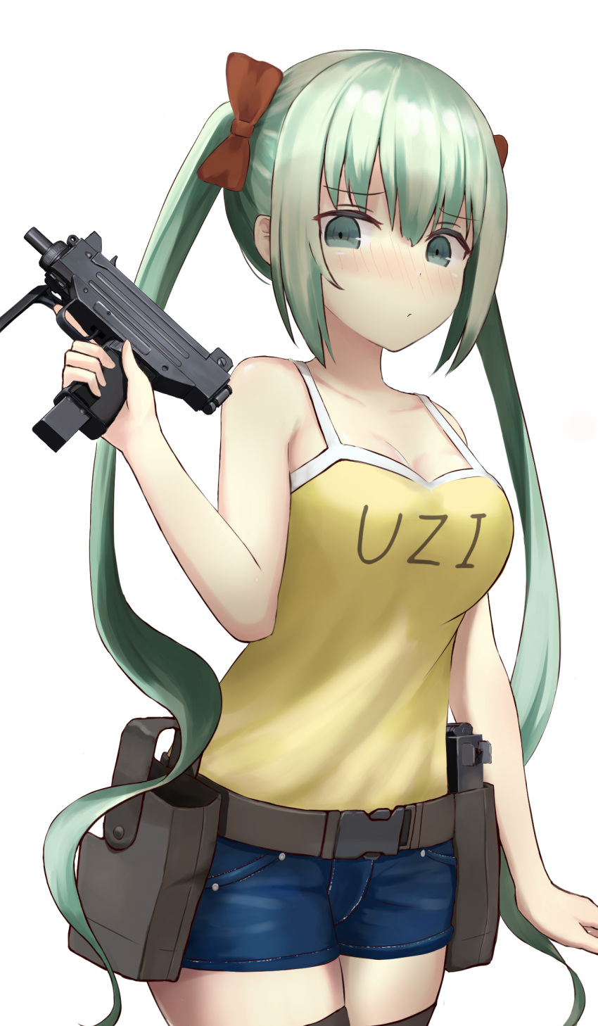 1girl bare_shoulders black_thighhighs blush breasts camisole character_name cleavage commentary core_(pusn3354) cowboy_shot denim denim_shorts english_commentary girls'_frontline green_eyes green_hair gun highres holding holding_gun holding_weapon holster large_breasts looking_at_viewer micro_uzi micro_uzi_(dorky_sleepyhead)_(girls'_frontline) micro_uzi_(girls'_frontline) official_alternate_costume short_hair shorts sidelocks simple_background solo submachine_gun thighhighs trigger_discipline twintails weapon white_background yellow_camisole
