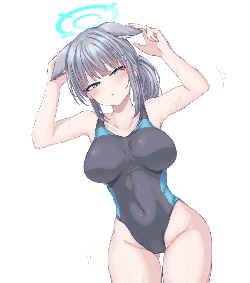 1girl absurdres animal_ear_fluff animal_ears arms_up black_one-piece_swimsuit blue_archive blue_eyes blue_one-piece_swimsuit blush breasts collarbone covered_navel cowboy_shot cross_hair_ornament extra_ears grey_hair hair_ornament halo hand_on_own_ear highres large_breasts mismatched_pupils one-piece_swimsuit ponytail rla13753 shiroko_(blue_archive) shiroko_(swimsuit)_(blue_archive) simple_background solo swimsuit two-tone_swimsuit white_background wolf_ears