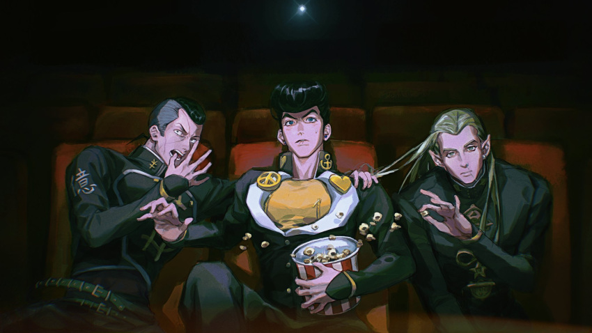 3boys blue_eyes commentary diamond_wa_kudakenai food green_eyes green_hair hazekura_mikitaka higashikata_josuke highres jojo_no_kimyou_na_bouken long_hair male_focus movie_theater multiple_boys nijimura_okuyasu on_chair pointy_ears popcorn rainbirth2023 school_uniform short_hair sitting symbol-only_commentary