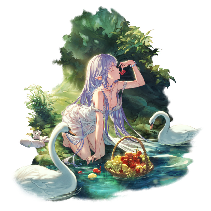 1girl barefoot basket bead_bracelet beads bird bracelet breasts cherry choker closed_eyes convenient_censoring day dress eating food fruit granblue_fantasy grapes hair_over_breasts hair_over_one_breast jewelry lily_(granblue_fantasy) long_hair minaba_hideo no_bra official_art outdoors pointy_ears sleeveless sleeveless_dress small_breasts solo swan transparent_background very_long_hair water wet wet_clothes wet_hair white_choker white_dress white_footwear
