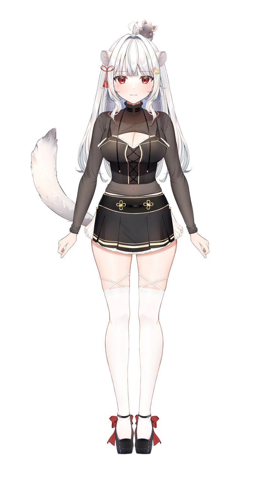 1girl absurdres ahoge animal_on_head black_bustier black_footwear black_skirt bow bustier chinchilla_(animal) chinchilla_ears chinchilla_girl chinchilla_tail cleavage_cutout clothing_cutout covered_navel dango dango_hair_ornament food food-themed_hair_ornament footwear_bow full_body grey_hair hair_ornament hair_ribbon highres indie_virtual_youtuber long_hair on_head pleated_skirt red_bow red_eyes red_ribbon ribbon sanshoku_dango see-through see-through_shirt skirt solo tachi-e tamamochi_kazuyo thighhighs uiri-na virtual_youtuber wagashi white_thighhighs