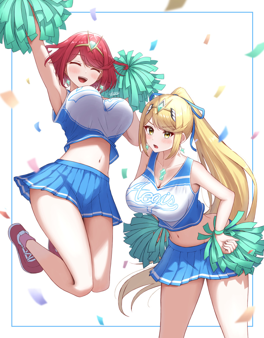 absurdres bare_shoulders blonde_hair blush bouncing_breasts breasts cheerleader chest_jewel cleavage crop_top crop_top_overhang earrings headpiece highres holding holding_pom_poms jewelry large_breasts long_hair looking_at_viewer miniskirt mythra_(xenoblade) navel open_mouth pom_pom_(cheerleading) ponytail pyra_(xenoblade) red_hair short_hair skirt smile swept_bangs taro_(peach_taro51) tiara very_long_hair xenoblade_chronicles_(series) xenoblade_chronicles_2 yellow_eyes