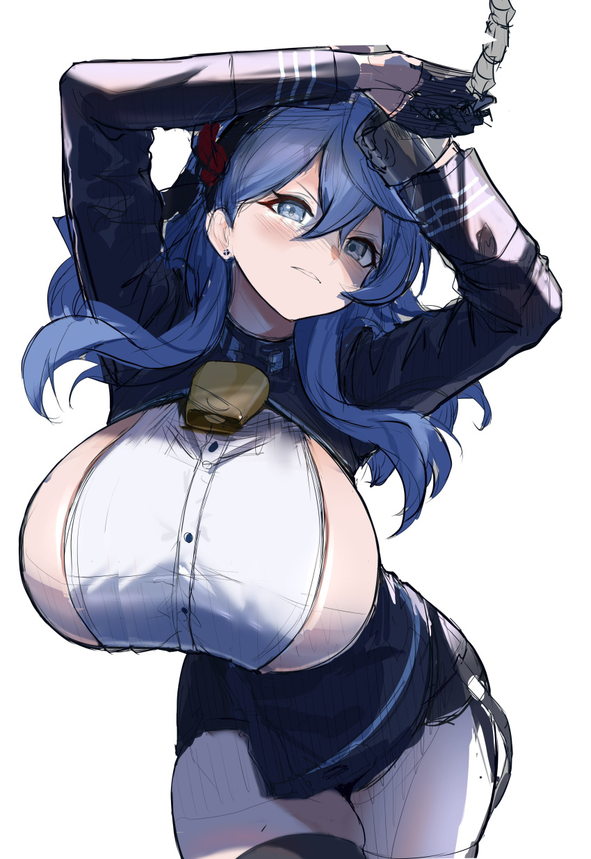 1girl absurdres ako_(blue_archive) bell black_gloves black_skirt black_thighhighs blue_archive blue_eyes blue_hair blue_hairband blue_jacket blush breasts chain cowboy_shot cuffs earrings embarrassed garter_straps gloves hair_between_eyes hairband head_tilt highres holding holding_chain jacket jewelry kos-owl large_breasts long_hair looking_at_viewer neck_bell open_clothes open_jacket red_ribbon ribbon shackles sideboob sketch skirt solo thighhighs