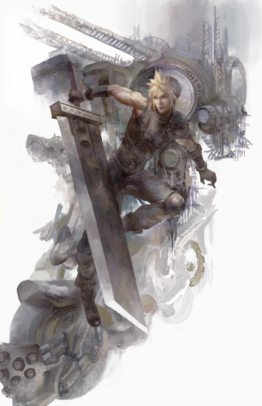 1boy armor blonde_hair blue_eyes boots buster_sword christian_angel closed_mouth cloud_strife commentary english_commentary final_fantasy final_fantasy_vii full_body gloves highres holding holding_sword holding_weapon huge_weapon looking_to_the_side male_focus motor_vehicle motorcycle ribbed_sweater short_hair shoulder_armor single_bare_shoulder sleeveless sleeveless_turtleneck solo spiked_hair suspenders sweater sword toned toned_male turtleneck turtleneck_sweater weapon