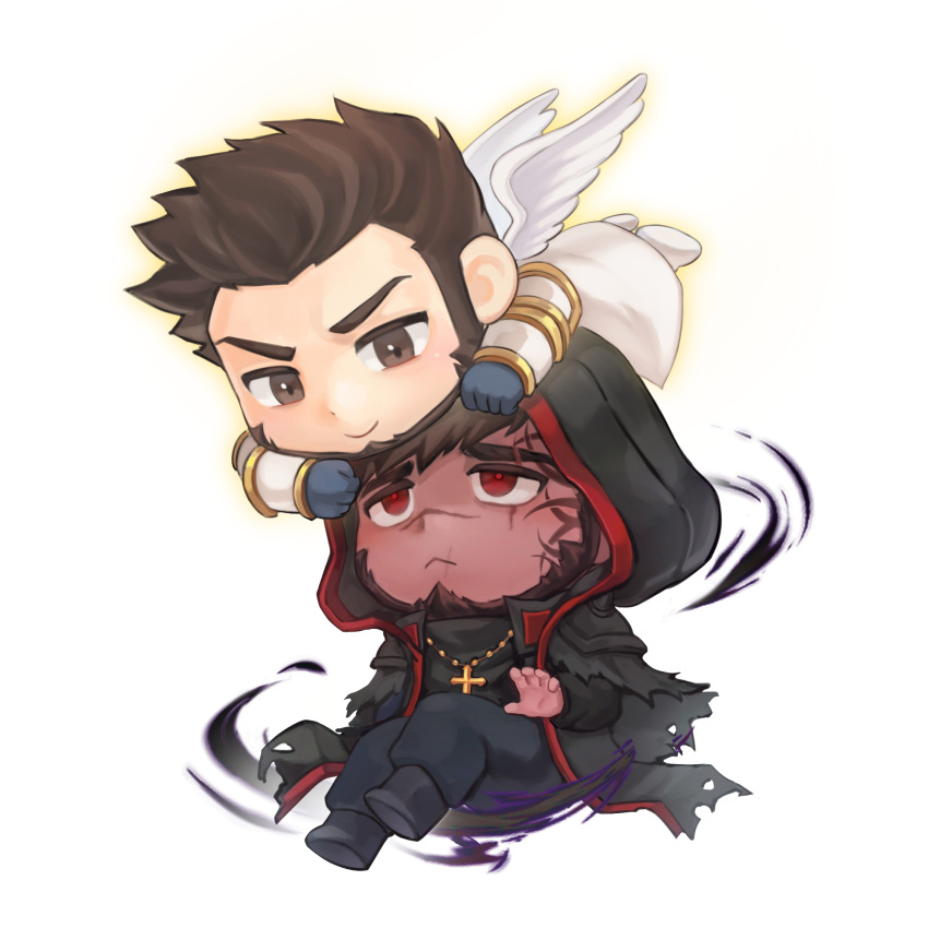 2boys :v angel angel_wings aura avenger_(dungeon_and_fighter) bara beard black_hair chibi cross cross_necklace dark-skinned_male dark_skin dungeon_and_fighter eye_contact facial_hair facial_mark full_body furrowed_brow head_on_head head_rest highres hood hood_up ina_zuma jewelry looking_at_another lying_on_person male_focus male_priest_(dungeon_and_fighter) mature_male multiple_boys necklace red_eyes red_pupils sad saint_(dungeon_and_fighter) scar scar_on_face scar_on_nose short_hair smile thick_eyebrows umbrakinesis v-shaped_eyebrows wings yaoi