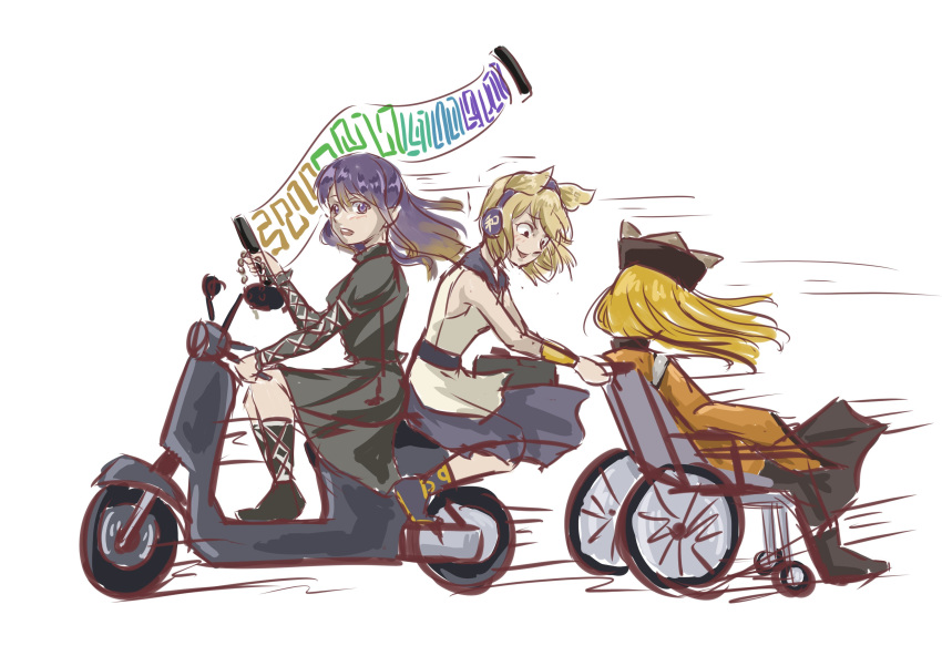 3girls absurdres artist_request gradient_hair highres hijiri_byakuren matara_okina motor_vehicle motorcycle multicolored_hair multiple_girls sorcerer's_sutra_scroll touhou toyosatomimi_no_miko wheelchair