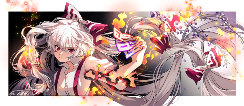 1girl :/ border bow burnt_clothes closed_mouth collared_shirt commentary_request fire flower fujiwara_no_mokou highres holding long_hair looking_at_viewer mokoiscat ofuda outside_border purple_flower red_bow red_eyes shirt signature solo suspenders touhou upper_body very_long_hair white_border white_bow white_hair white_shirt wing_collar