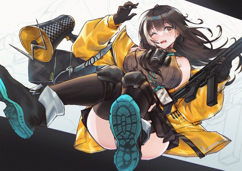 1girl bare_shoulders black_footwear black_gloves black_skirt black_thighhighs blush breasts brown_hair colt_9mm_smg commentary english_commentary gas_mask girls'_frontline gloves grey_sweater gun holding holding_gun holding_weapon id_card jacket knee_pads large_breasts long_hair mask multicolored_hair one_eye_closed open_mouth persocon93 ribbed_sweater ro635_(girls'_frontline) shoe_soles skirt sleeveless sleeveless_sweater solo streaked_hair sweater thighhighs two-tone_hair wavy_mouth weapon white_hair yellow_eyes yellow_jacket