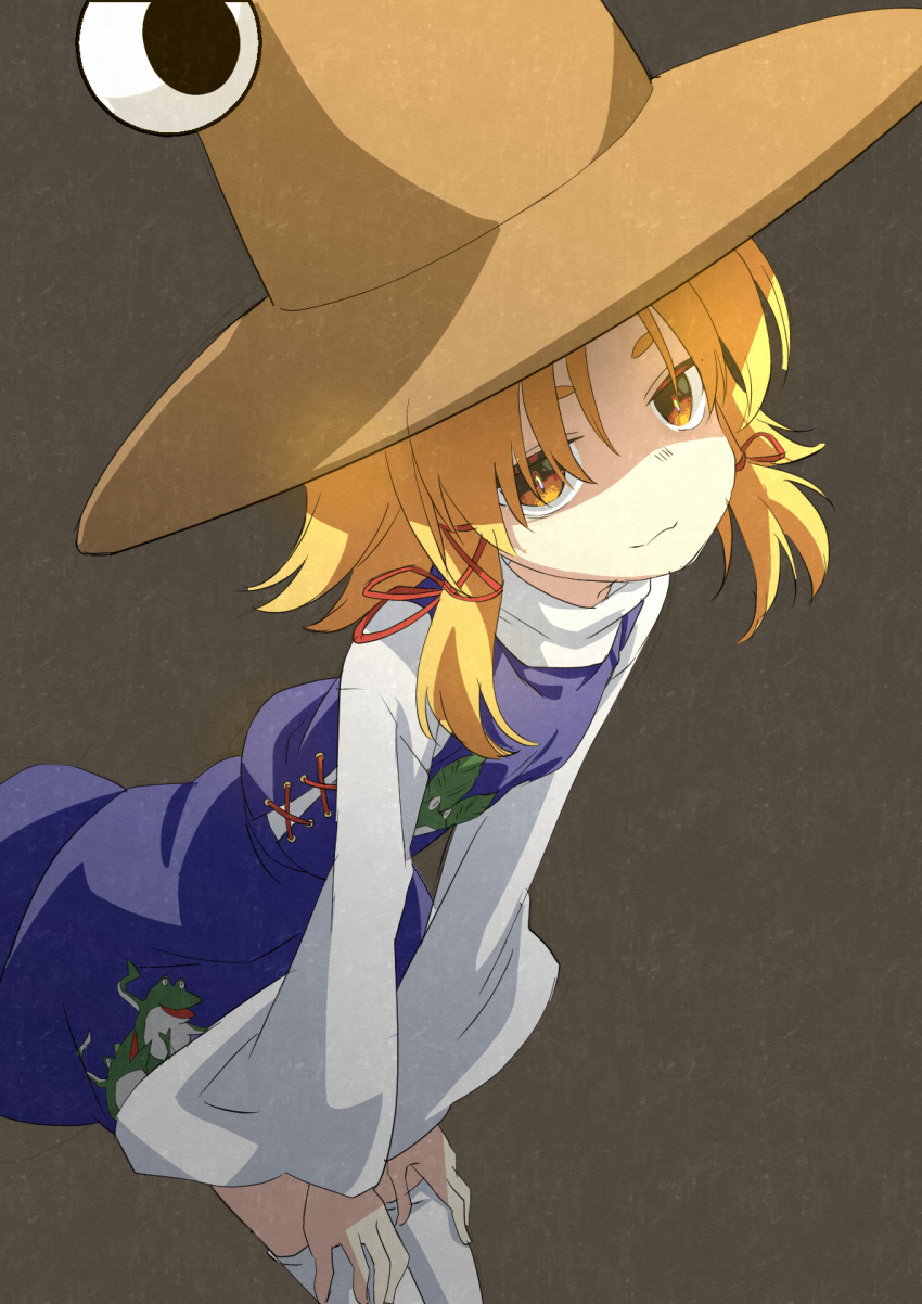 1girl :3 animal_print blonde_hair blue_skirt blue_vest bright_pupils brown_headwear commentary cowboy_shot cross-laced_vest frog_print grey_background hair_ribbon hands_on_own_thighs hat highres leaning_forward long_sleeves looking_at_viewer moriya_suwako mukai red_ribbon ribbon short_hair sidelocks skirt skirt_set solo standing thighhighs touhou turtleneck vest white_thighhighs wide_sleeves yellow_eyes