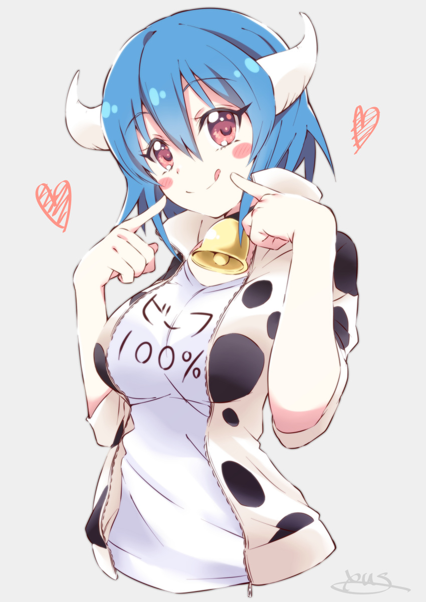 1girl :q absurdres animal_print bad_id bad_pixiv_id bell blue_hair blush_stickers breasts closed_mouth clothes_writing collar commentary_request cow_girl cow_horns cow_print grey_background hair_between_eyes hands_up heart highres horns jacket jashin-chan_dropkick large_breasts looking_at_viewer minos_(jashin-chan_dropkick) neck_bell open_clothes open_jacket pointing pointing_at_self print_jacket red_eyes shirt short_hair short_sleeves signature simple_background smile solo tongue tongue_out upper_body white_jacket white_shirt yuuki_shushu zipper