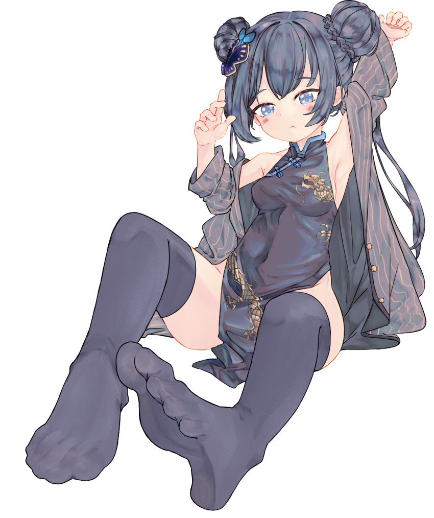 1girl arm_up armpits bare_legs black_hair black_thighhighs blue_archive blue_eyes blush braid braided_bun breasts butterfly_hair_ornament chaosexceed china_dress chinese_clothes closed_mouth commentary_request double_bun dragon_print dress english_commentary eyelashes feet foreshortening full_body hair_bun hair_ornament hand_up highres kisaki_(blue_archive) legs medium_breasts mixed-language_commentary no_shoes partial_commentary print_dress sideboob sidelocks simple_background sitting soles solo thighhighs toenails toes white_background