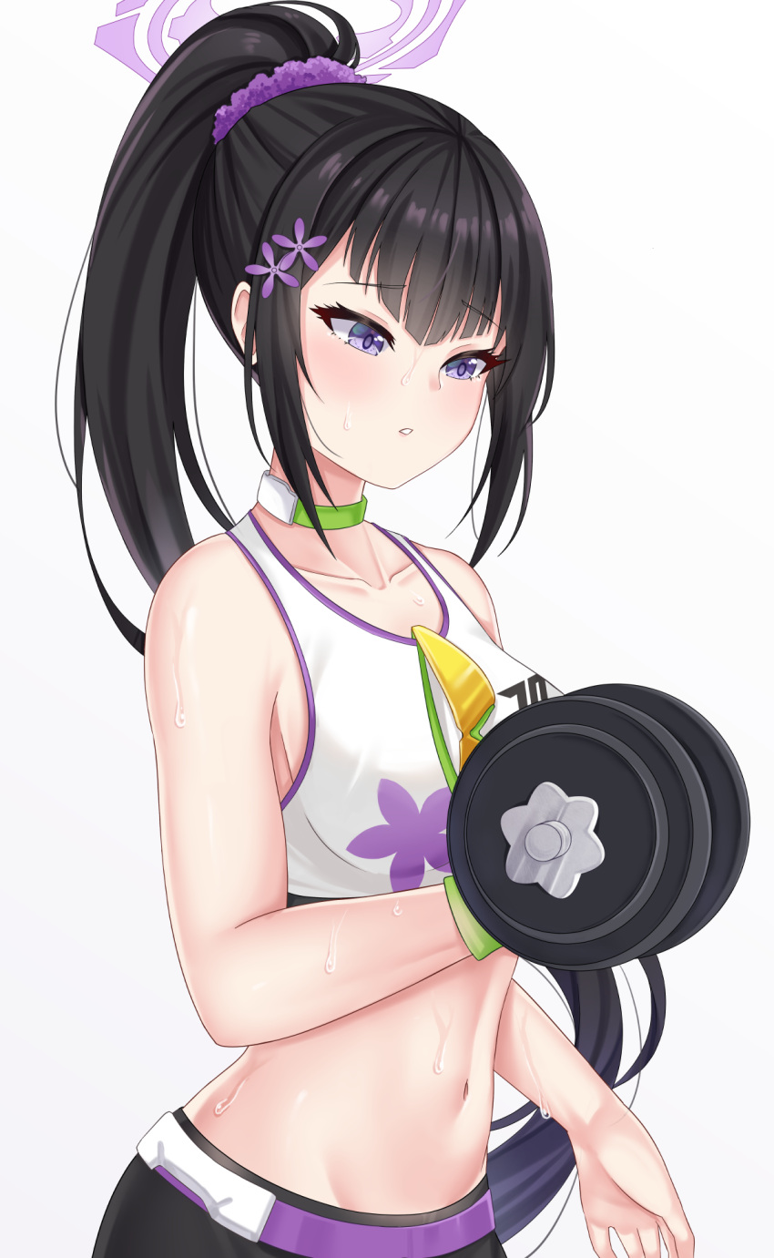 1girl bare_shoulders black_hair black_pants blue_archive blush breasts choker collarbone commentary cowboy_shot dumbbell exercise eyewear_hang eyewear_removed flower green_choker groin hair_flower hair_ornament hair_scrunchie halo highres holding long_hair looking_down medium_breasts midriff mistraia navel pants parted_lips ponytail purple_eyes purple_scrunchie scrunchie sidelocks simple_background solo sports_bra sports_sunglasses standing sumire_(blue_archive) sunglasses sweat sweatband tinted_eyewear very_long_hair white_background white_sports_bra yellow-tinted_eyewear yoga_pants