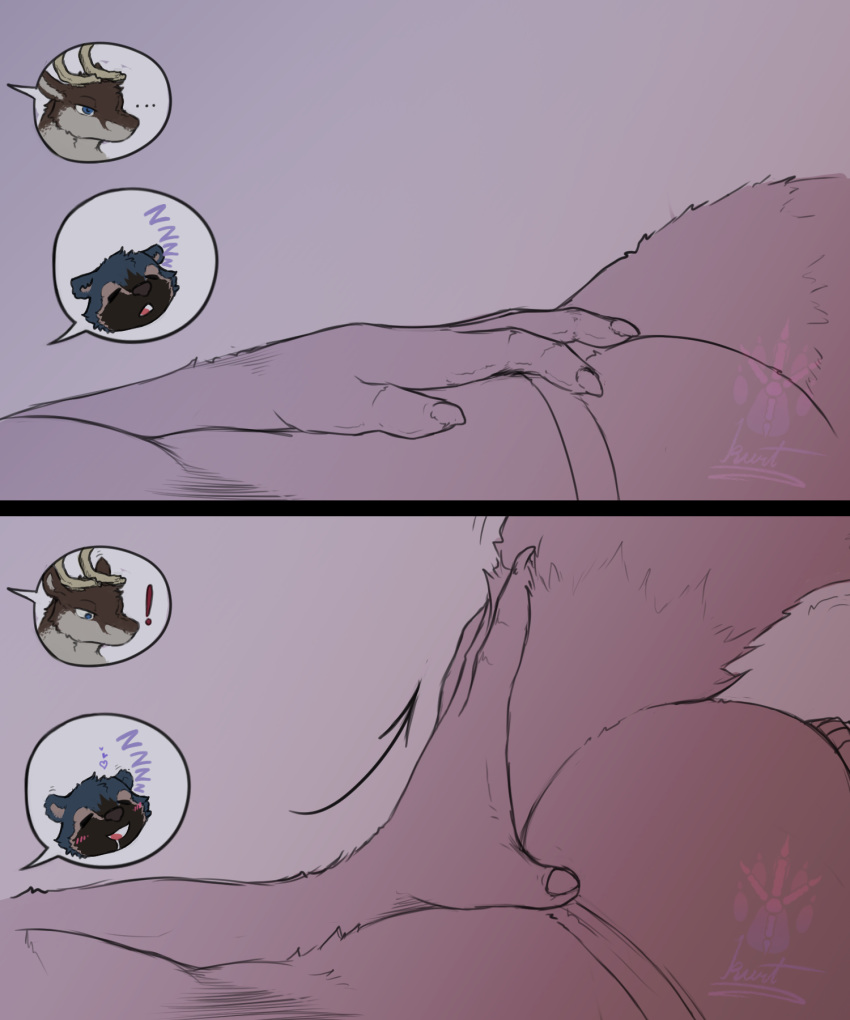 aegean_enos anthro antlers ass_up butt canid canine capreoline clothing comic deer duo geno28_(artist) hand_on_butt hi_res horn jockstrap male male/male mammal raccoon_dog raised_tail reindeer sleeping tagme tail tanuki underwear watermark