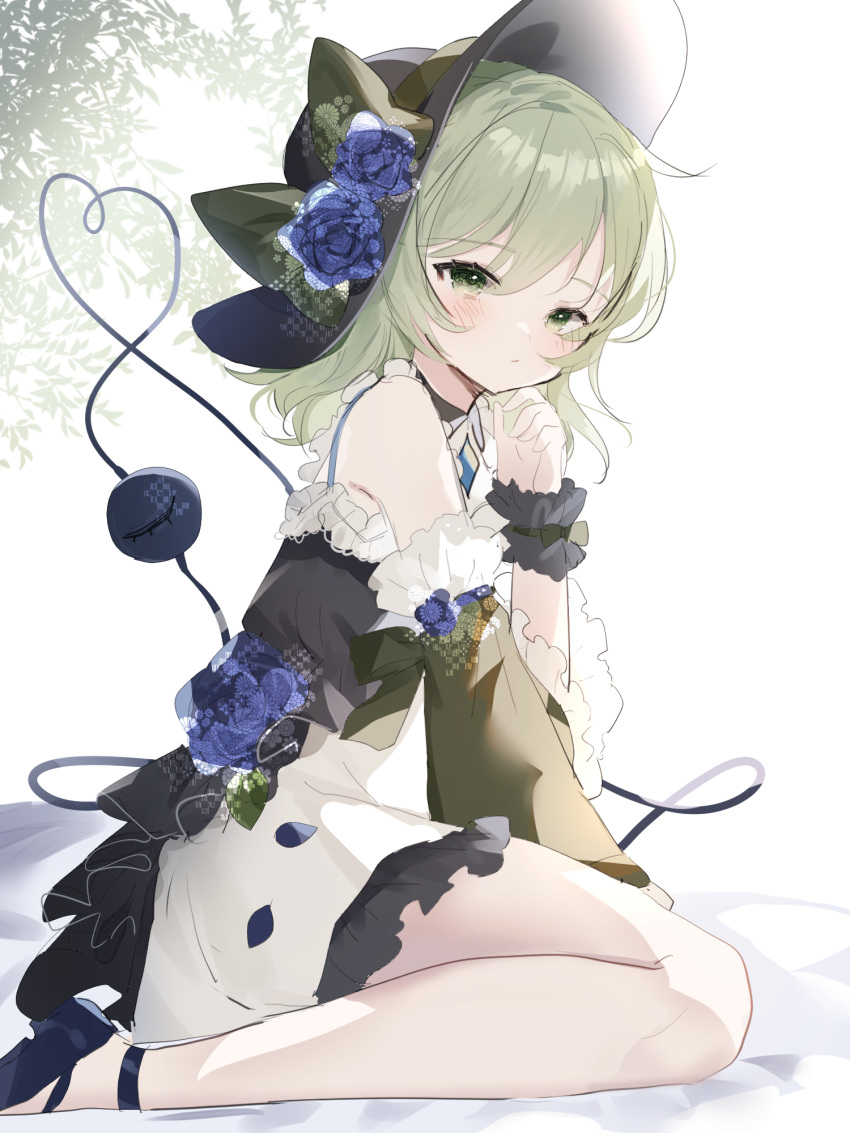 1girl bare_shoulders black_footwear blue_flower blue_rose closed_mouth dress flower frilled_dress frilled_sleeves frills green_dress green_eyes green_hair green_sleeves highres komeiji_koishi looking_at_viewer medium_hair rose solo sorani_(kaeru0768) touhou