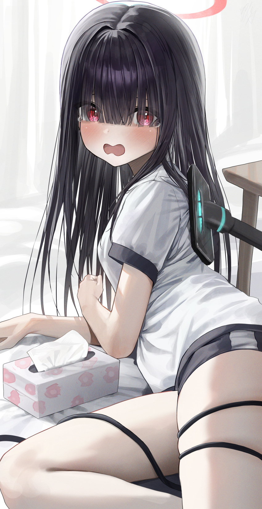 1girl absurdres black_hair black_shorts blue_archive blush eyes_visible_through_hair gym_shirt hair_over_eyes halo hidulume highres justice_task_force_member_(blue_archive) long_hair looking_at_viewer open_mouth red_eyes red_halo shirt short_sleeves shorts solo tears tissue tissue_box vacuum_cleaner white_shirt