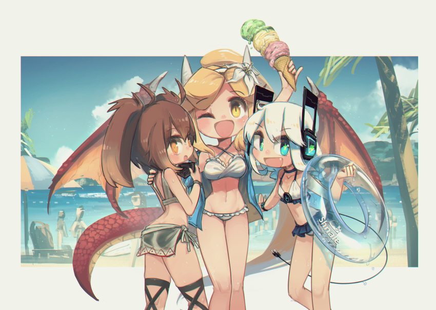 3girls 6+others :d :o ;d absurdres antenna_hair aqua_eyes arm_up artist_name ass beach beach_chair beach_umbrella bikini bikini_skirt blush borrowed_character breasts brown_eyes cloud collarbone commentary dated day digitan_(porforever) dragon_girl dragon_horns dragon_tail dragon_wings electric_plug electric_plug_tail english_commentary fang feet_out_of_frame flower flower_request food hair_between_eyes hair_flower hair_ornament hand_on_another's_shoulder headphones highres holding holding_ice_cream holding_innertube horns ice_cream ice_cream_cone innertube large_breasts lightning_bolt_symbol long_hair looking_at_viewer looking_back multiple_girls multiple_others navel object_request one_eye_closed open_mouth original palm_tree porforever power_symbol sand sarong small_breasts smile snail_print star-shaped_pupils star_(symbol) swimsuit symbol-shaped_pupils tail transparent_innertube tree triple_scoop twintails umbrella water wet white_bikini white_flower white_hair white_sarong wings wristband yellow_eyes