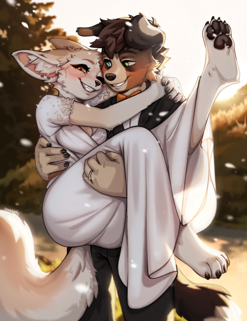 anthro blue_eyes brown_body brown_fur canid canine claws clothing digit_ring dress duo female finger_claws fur green_eyes heterochromia hi_res jewelry male mammal married_couple orange_eyes pawpads ring spuydjeks tail toe_claws wedding_ring