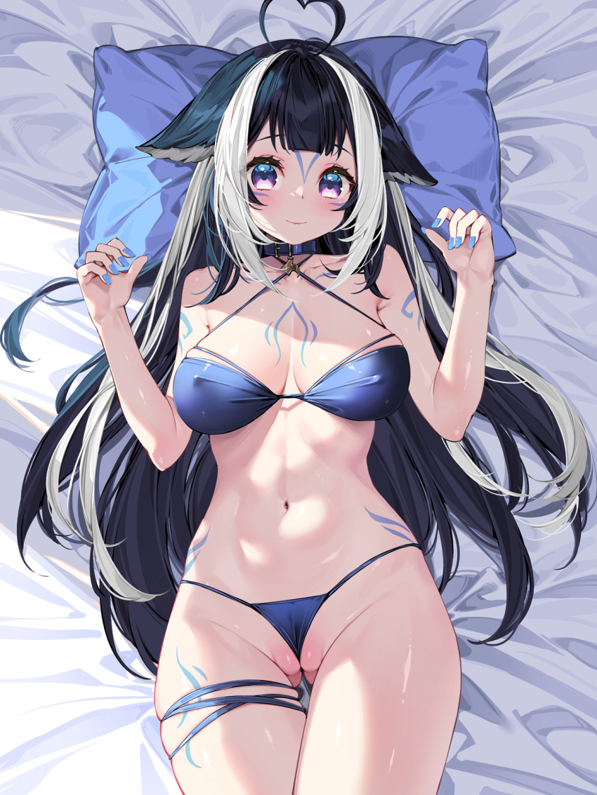 1girl ahoge animal_ears ass_visible_through_thighs bed_sheet belt_collar bikini black_hair blue_bikini blue_collar body_markings breasts closed_mouth collar facial_mark heart heart_ahoge highres indie_virtual_youtuber large_breasts long_hair looking_at_viewer lying multicolored_hair navel on_back orca_girl pillow purple_eyes shylily smile solo streaked_hair swimsuit thigh_strap virtual_youtuber waterring white_hair